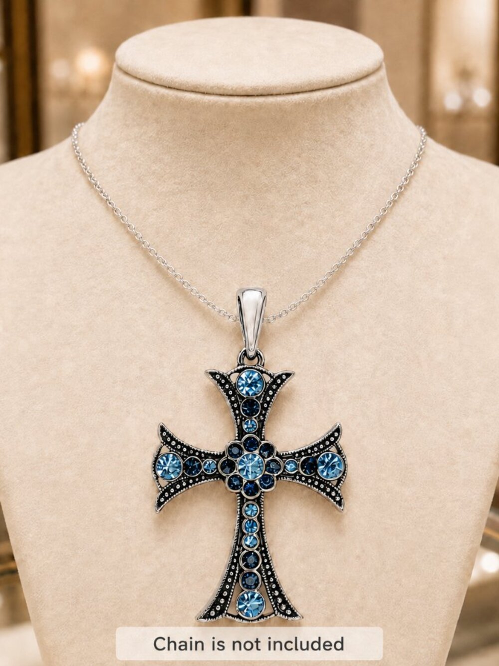 Ornate Blue Crystal Cross Pendant Necklace Misc-46
